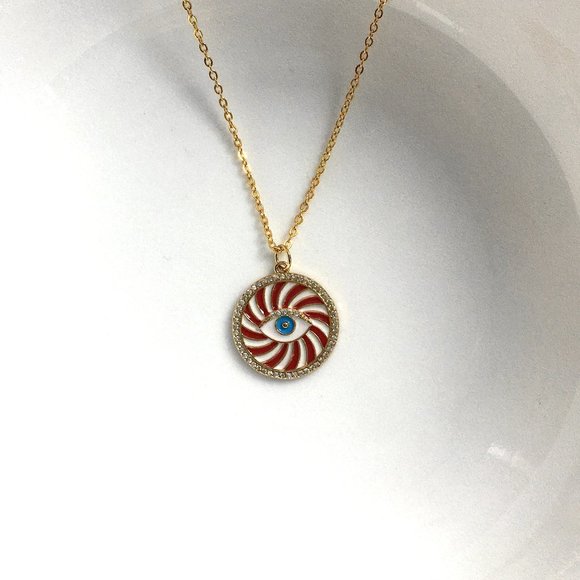 Gold Plated Evil Eye Cubic Zirconia Enamel Charm Pendant Necklace - Picture 4 of 6